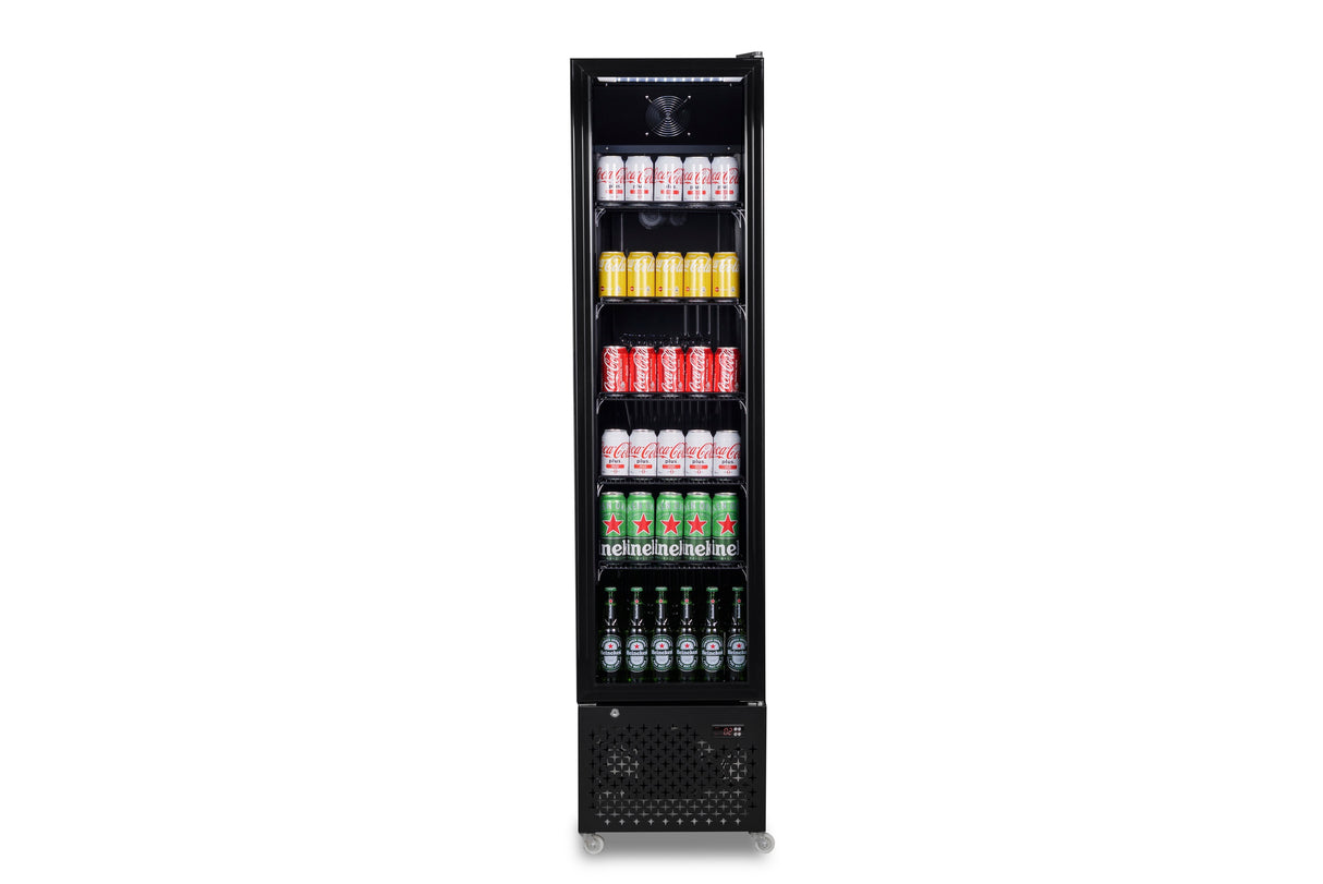 Glasdeur koelkast NAP-250 | 217L | Zwart | +2/+10 ºC | Geforceerd | Wielen | 460x560x1915(h)mm