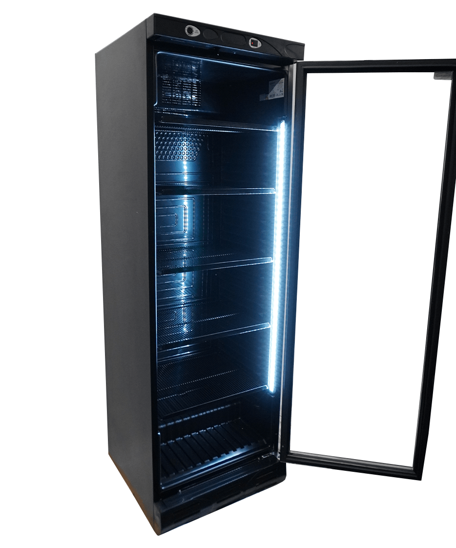 Drankenkoeling Zwart | 382L | Glasdeur | +4°C/+10°C | Statisch met Ventilator | 595x650x1850(h)mm