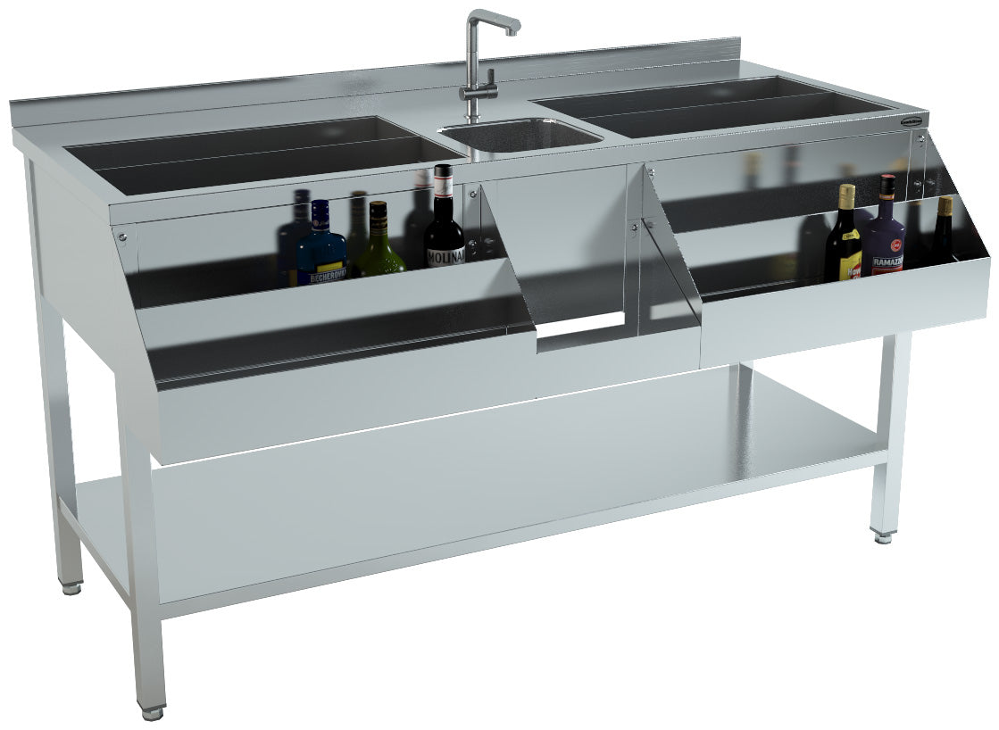 Bar Cocktailstation met spoelbak | RVS | Flessenrek | Bodemschap | 1600x740x900(h)mm