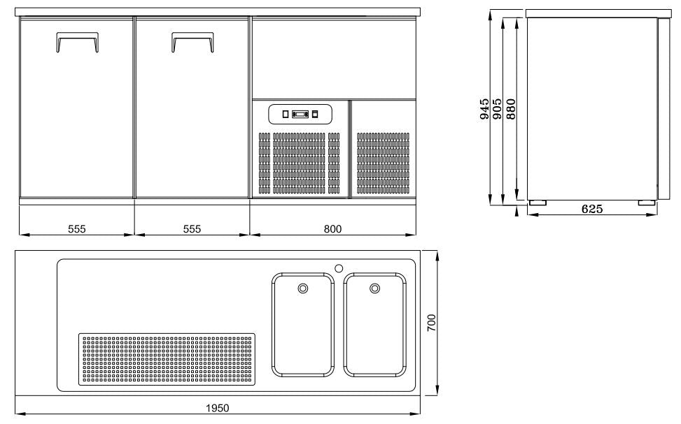 Vatenkoeler | PRO LINE | 2 Deuren | -2°C/+8°C | Geforceerd | Spoelbak (Rechts) | 1950x700x950(h)mm