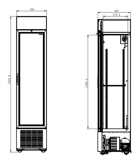 Drankenkoeling zwart | 232L | Glasdeur | +4°C/+10°C | Statisch met Ventilator | 450x497x2024(h)mm