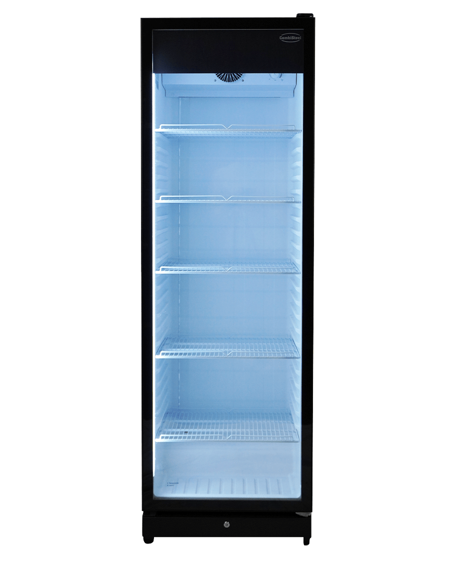 Glasdeur koelkast | 388L | Zwart | +1°C/+9°C | Geforceerd | Wielen | 595x585x1864(h)mm