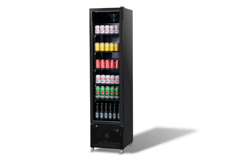 Glasdeur koelkast NAP-250 | 217L | Zwart | +2/+10 ºC | Geforceerd | Wielen | 460x560x1915(h)mm