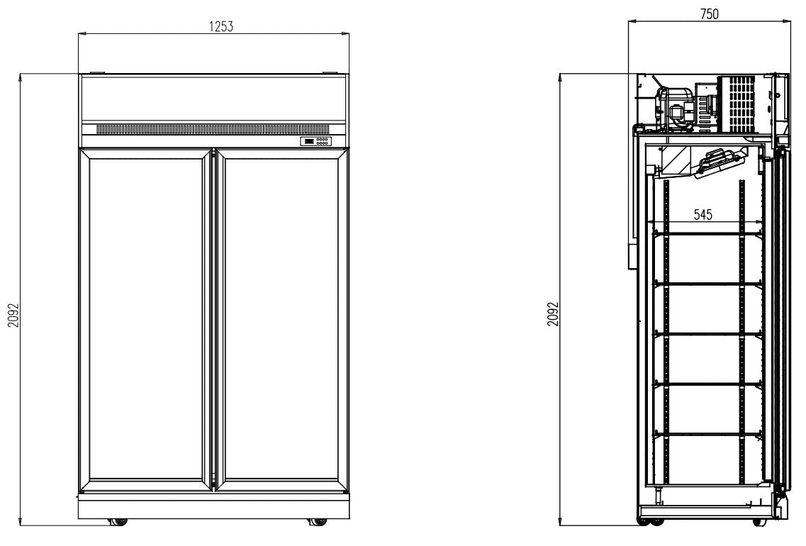 Glasdeur Koelkast Wit | 1000L | 2 Glasdeuren | 0°C/+10°C | Geforceerd | 1253x710x2092(h)mm
