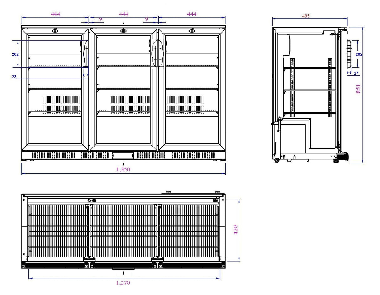 Barkoeler | 3 Glasdeuren | Zwart | 320L | 0°C/+10°C | Statisch + Ventilator | 1350x520x850(h)mm