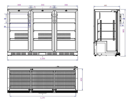 Barkoeler | 3 Glasdeuren | Zwart | 320L | 0°C/+10°C | Statisch + Ventilator | 1350x520x850(h)mm