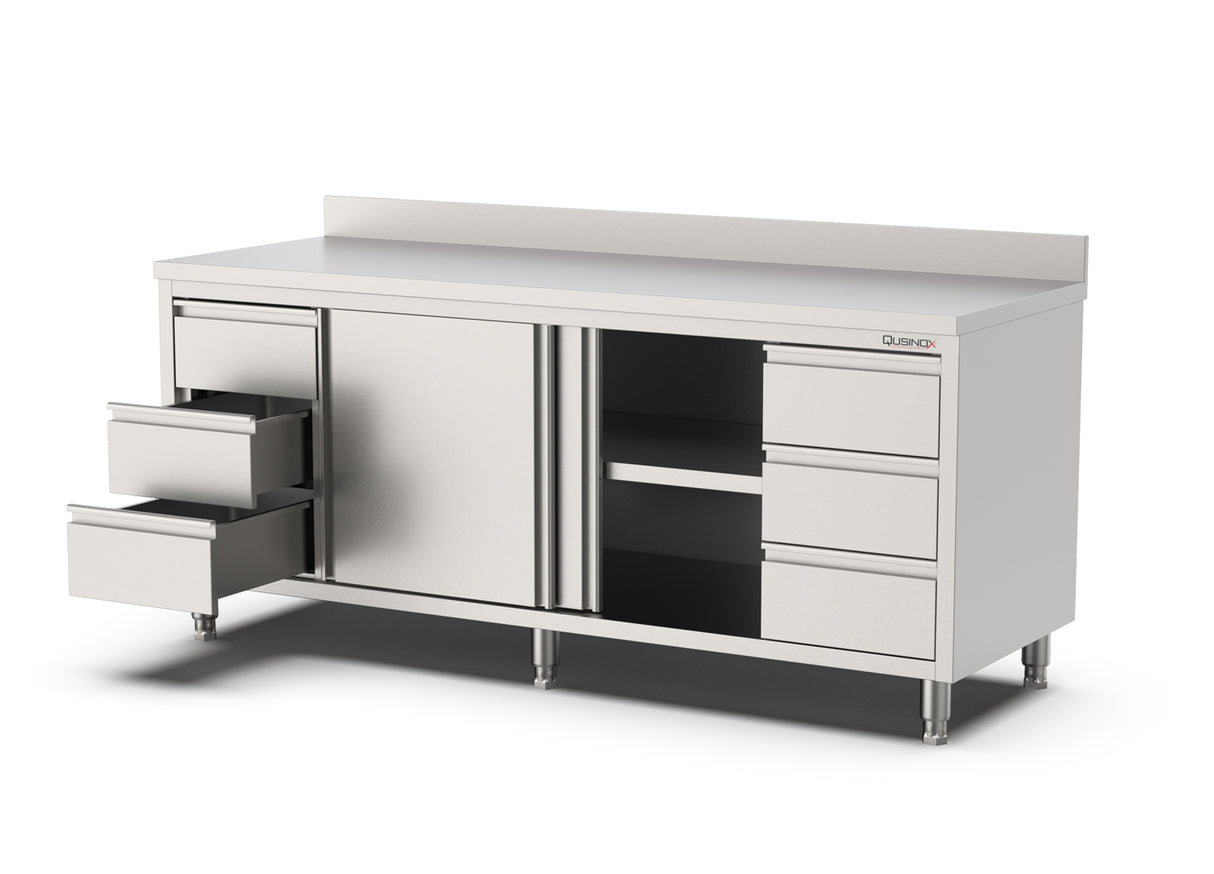RVS Horeca Werkbank met Schuifdeuren 2x3 Laden Rechts en Links | Opstaande Rand | 2000x700x900(h)