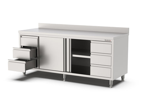 RVS Horeca Werkbank met Schuifdeuren 2x3 Laden Rechts en Links | Opstaande Rand | 2000x700x900(h)
