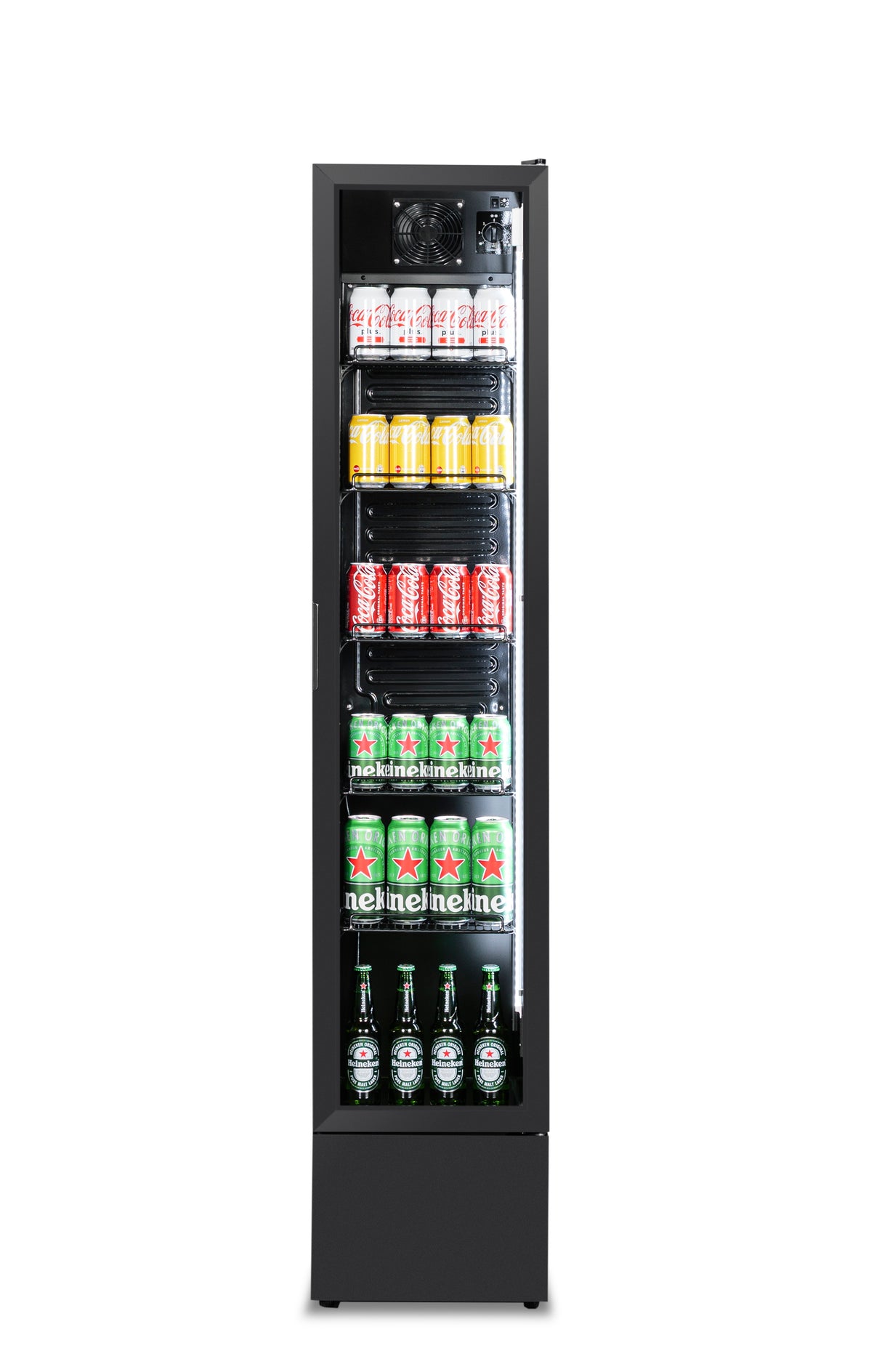 Glasdeur koelkast NAP-150 | 150L | Zwart | +2/+10 ºC | Geforceerd | Wielen | 390x470x1880(h)mm