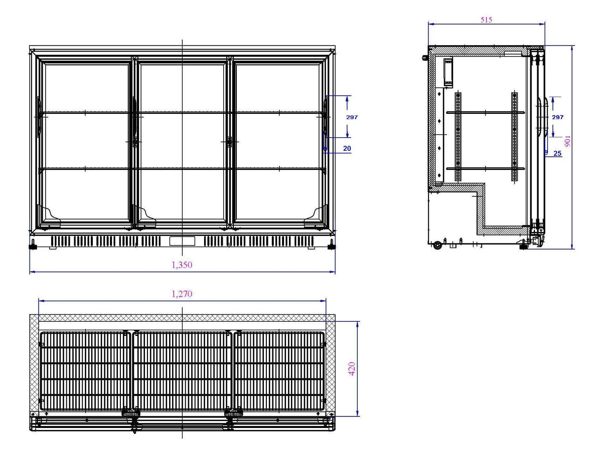 Barkoeler | 3 Schuifdeuren | Zwart | 330L | 0°C/+10°C | Statisch + Ventilator | 1350x520x900(h)mm