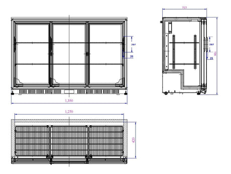 Barkoeler | 3 Schuifdeuren | Zwart | 330L | 0°C/+10°C | Statisch + Ventilator | 1350x520x900(h)mm