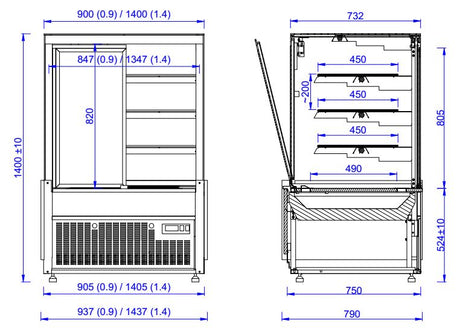 Koelvitrine Nero | 630L | Zwart | +4°C/+12°C | 4 Schappen | 1437x790x1400(h)mm