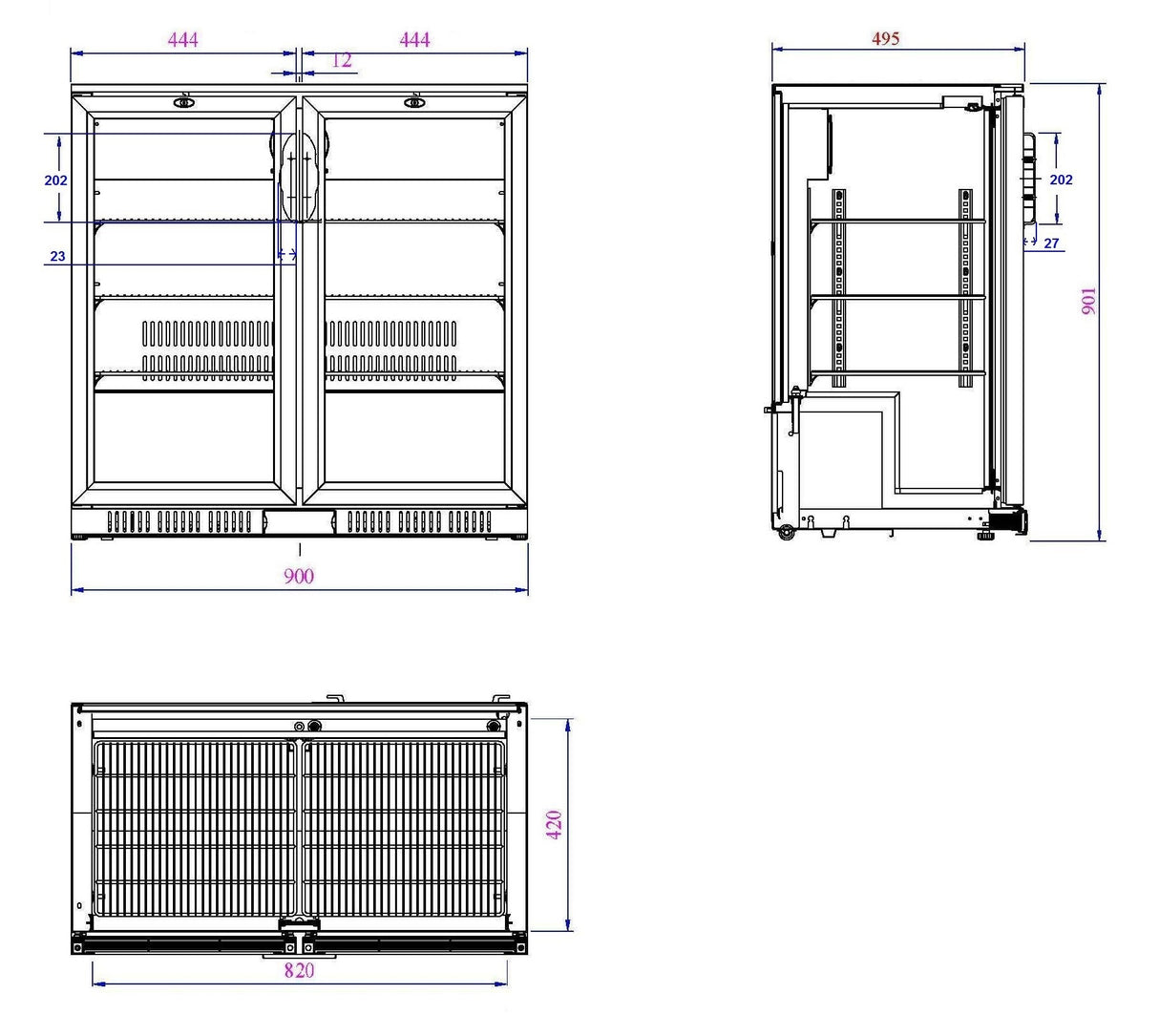 Barkoeler | 2 Glasdeuren | Zwart | 208L | 0°C/+10°C | Statisch + Ventilator | 900x520x900(h)mm