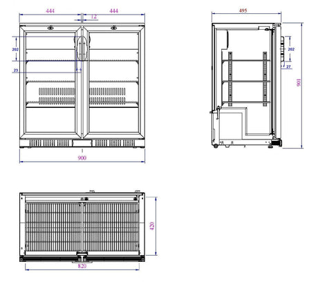 Barkoeler | 2 Glasdeuren | Zwart | 208L | 0°C/+10°C | Statisch + Ventilator | 900x520x900(h)mm