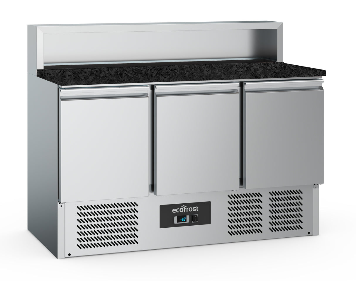 Pizzawerkbank 402 Liter | +2°C en +8°C | 3 Deuren | Zwart Graniet | 1365x700x1075(h)mm