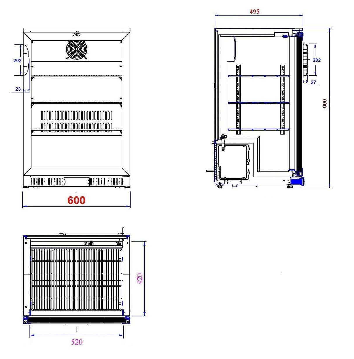 Barkoeler | 1 Glasdeur | Zwart | 138L | 0°C/+10°C | Statisch + Ventilator | 600x520x900(h)mm