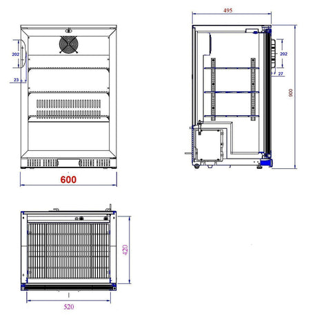 Barkoeler | 1 Glasdeur | Zwart | 138L | 0°C/+10°C | Statisch + Ventilator | 600x520x900(h)mm