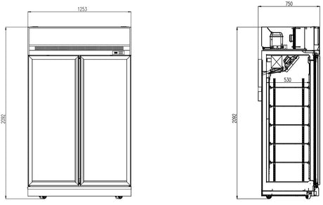 Glasdeur Vrieskast | Wit | 960L | 2 deuren | -18°C/-22°C | Geforceerd | 1235x710x2092(h)mm