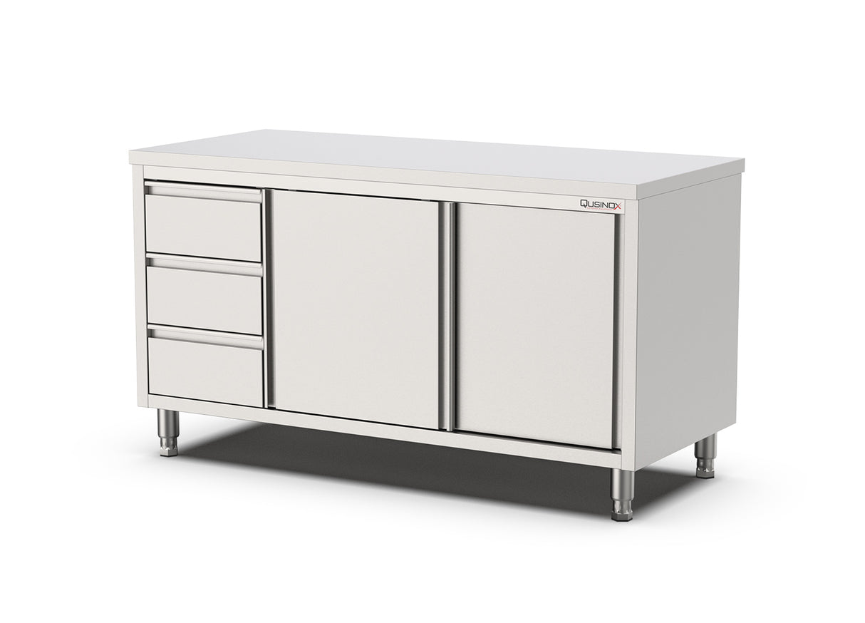 RVS Horeca Werkbank met Schuifdeuren en Laden Rechts | 1600x700x900(h)mm