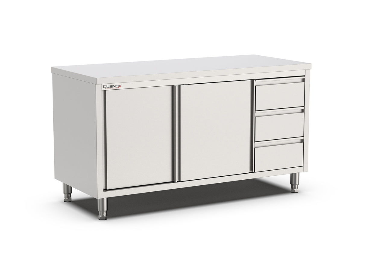 Qusinox | RVS Horeca Werkbank | Schuifdeuren | 3 Laden Rechts | 1400x700x900(h)mm