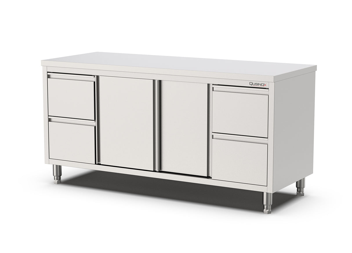 RVS Horeca Werkbank met Schuifdeuren 2x2 Laden Rechts en Links | 2400x700x900(h)