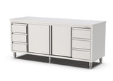 RVS Horeca Werkbank met Schuifdeuren 2x3 Laden Rechts en Links | 2000x700x900(h)