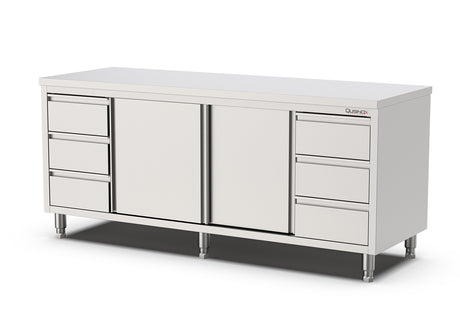 RVS Horeca Werkbank met Schuifdeuren 2x3 Laden Rechts en Links | 2000x700x900(h)