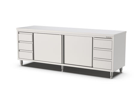 RVS Horeca Werkbank met Schuifdeuren 2x3 Laden Rechts en Links | 2400x700x900(h)