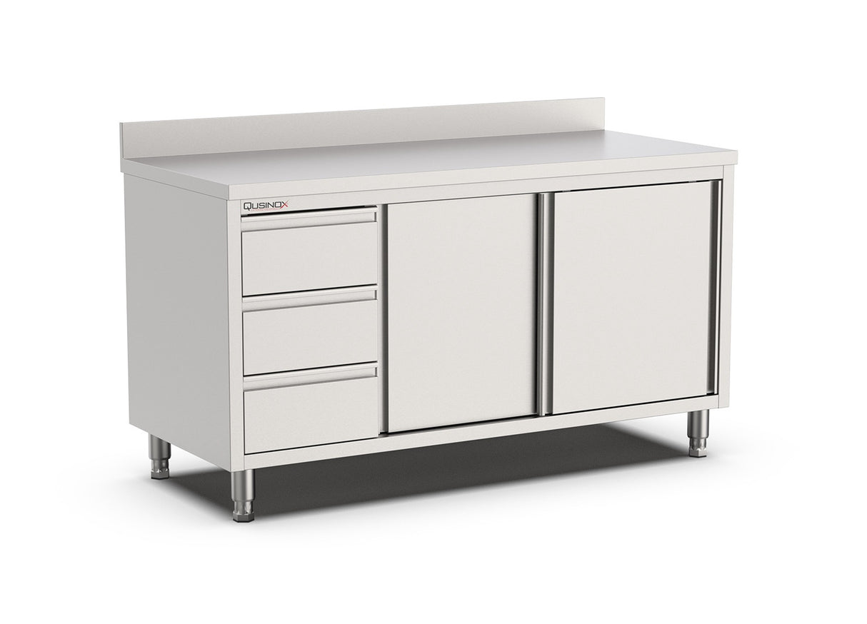 Qusinox | RVS Horeca Werkbank | Schuifdeuren | 3 Laden Links | Opstaande Rand | 1400x700x900(h)mm