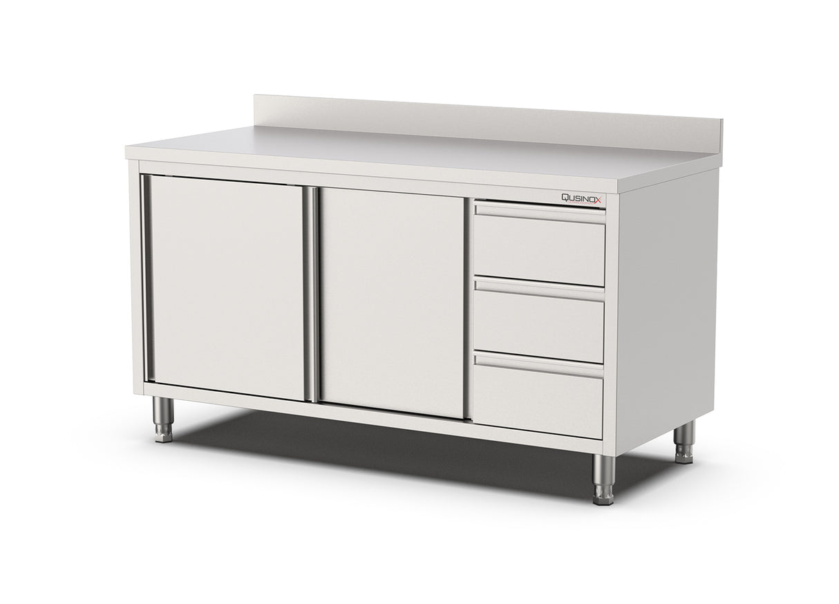 RVS Horeca Werkbank met Schuifdeuren en Laden Rechts | Opstaande Rand | 2000x700x900(h)