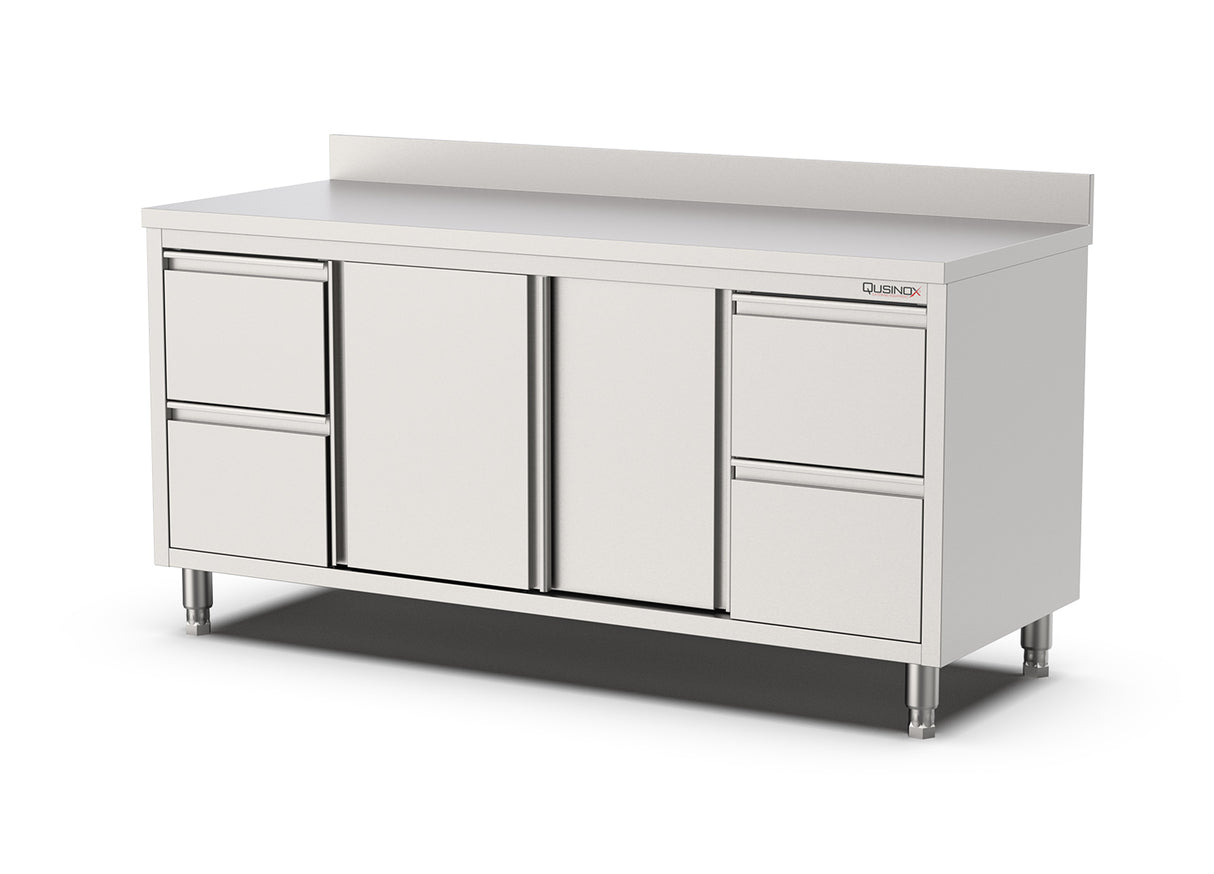 RVS Horeca Werkbank met Schuifdeuren 2x2 Laden Rechts en Links | Opstaande Rand | 2400x700x900(h)