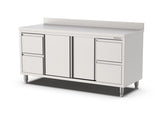 RVS Horeca Werkbank met Schuifdeuren 2x2 Laden Rechts en Links | Opstaande Rand | 2400x700x900(h)