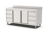RVS Horeca Werkbank met Schuifdeuren 2x3 Laden Rechts en Links | Opstaande Rand | 2000x700x900(h)