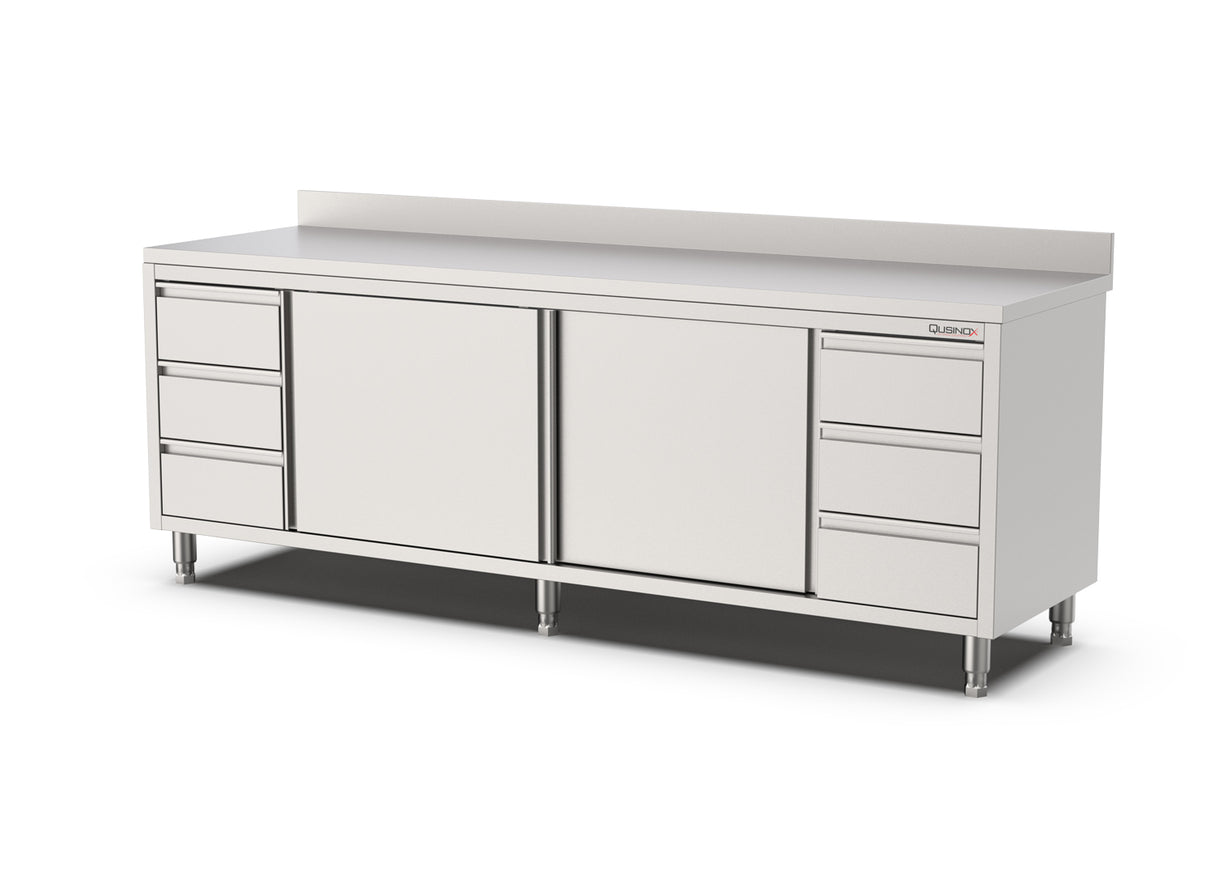 RVS Horeca Werkbank met Schuifdeuren 2x3 Laden Rechts en Links | Opstaande Rand | 2400x700x900(h)