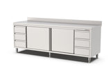 RVS Horeca Werkbank met Schuifdeuren 2x3 Laden Rechts en Links | Opstaande Rand | 2400x700x900(h)