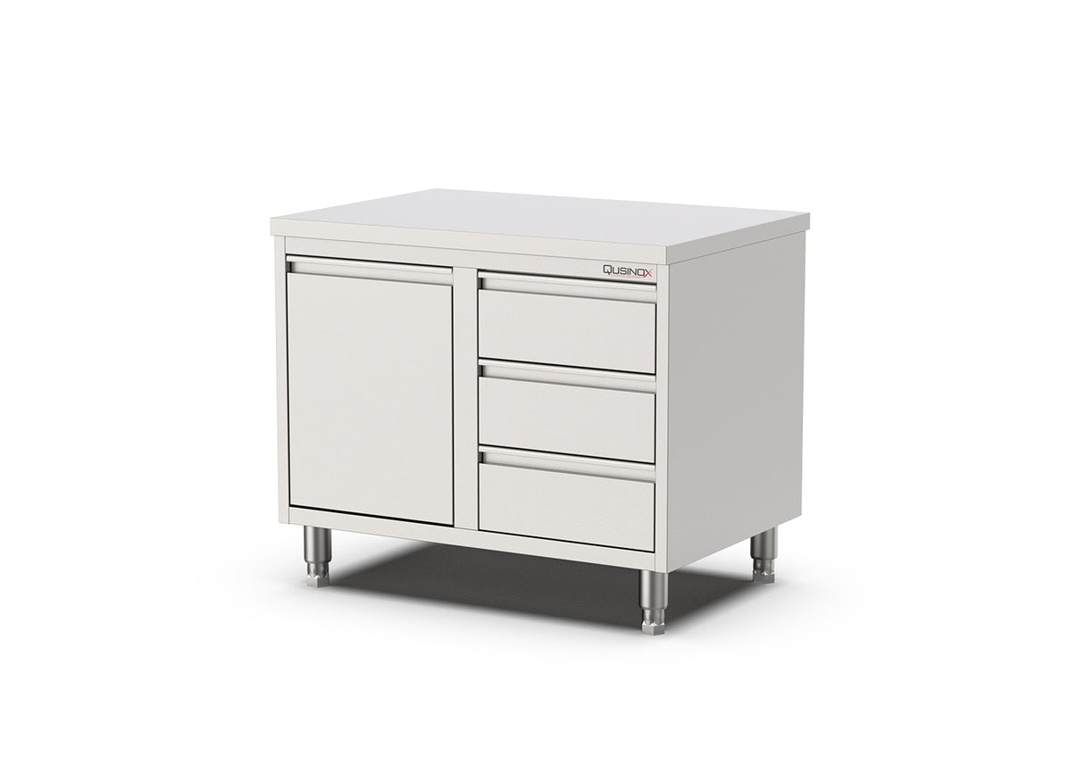 RVS Horeca Werkbank | kanteldeur | 3 laden Rechts | 1000x700x900(h)mm