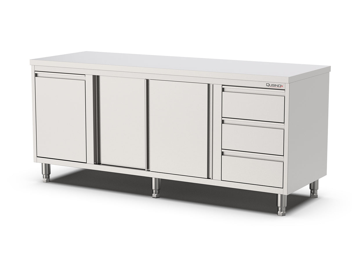 RVS Horeca Werkbank met Schuifdeuren | kanteldeur en 3 laden Links | 2000x700x900(h)mm