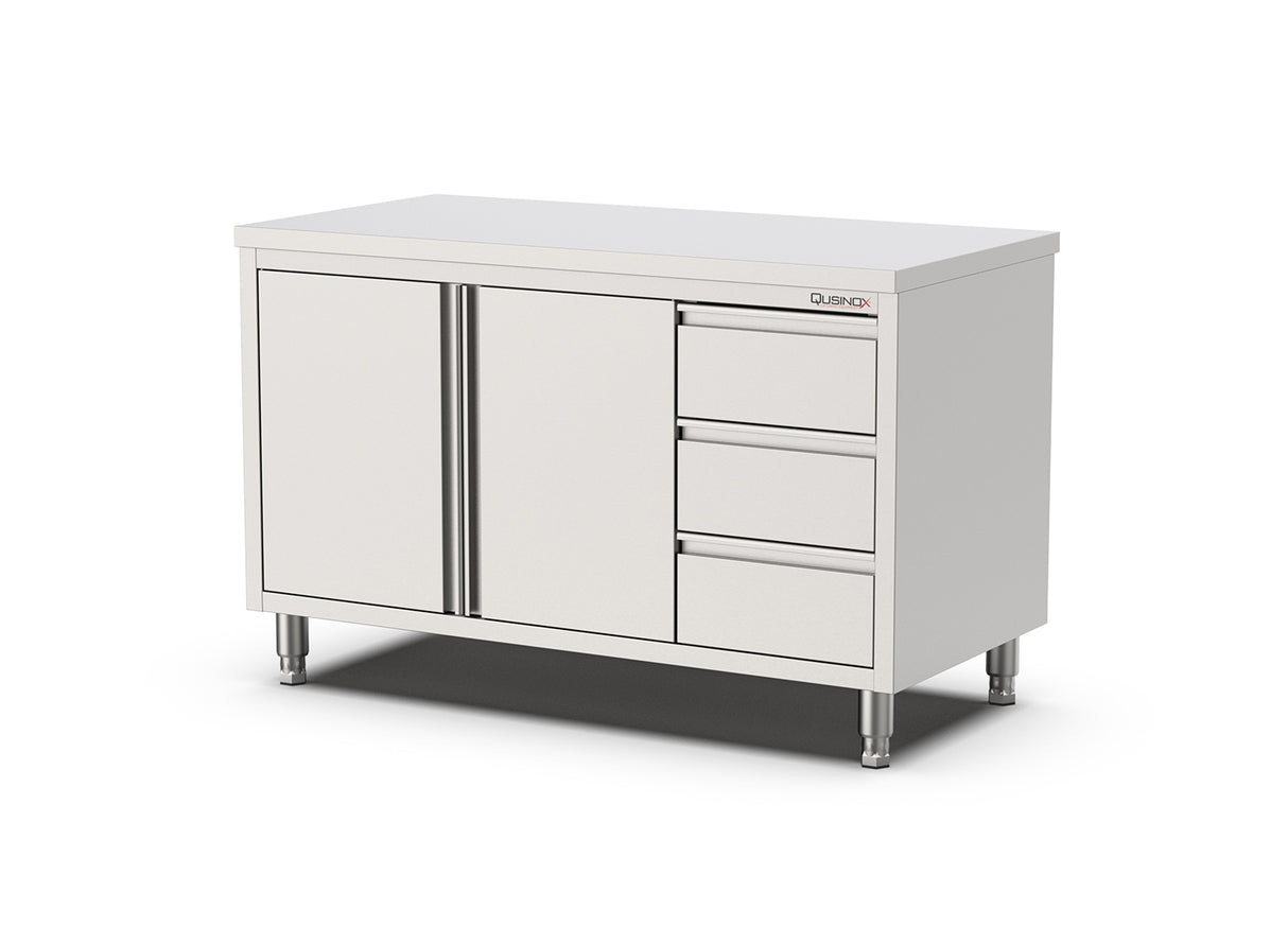 RVS Horeca Werkbank Draaideuren met laden Rechts | 1200x700x900mm