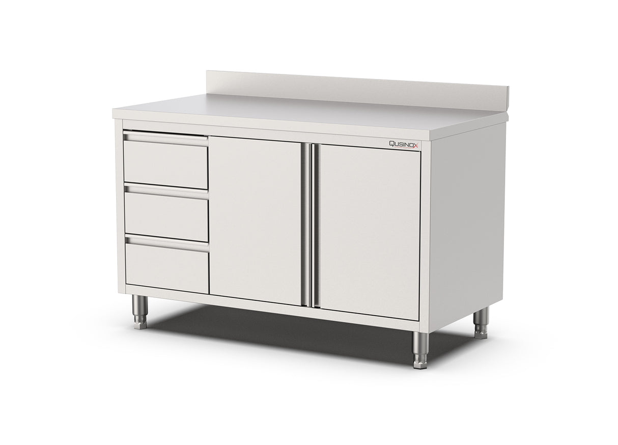 RVS Horeca Werkbank Draaideuren met laden Rechts | Opstaande rand | 1200x700x900mm