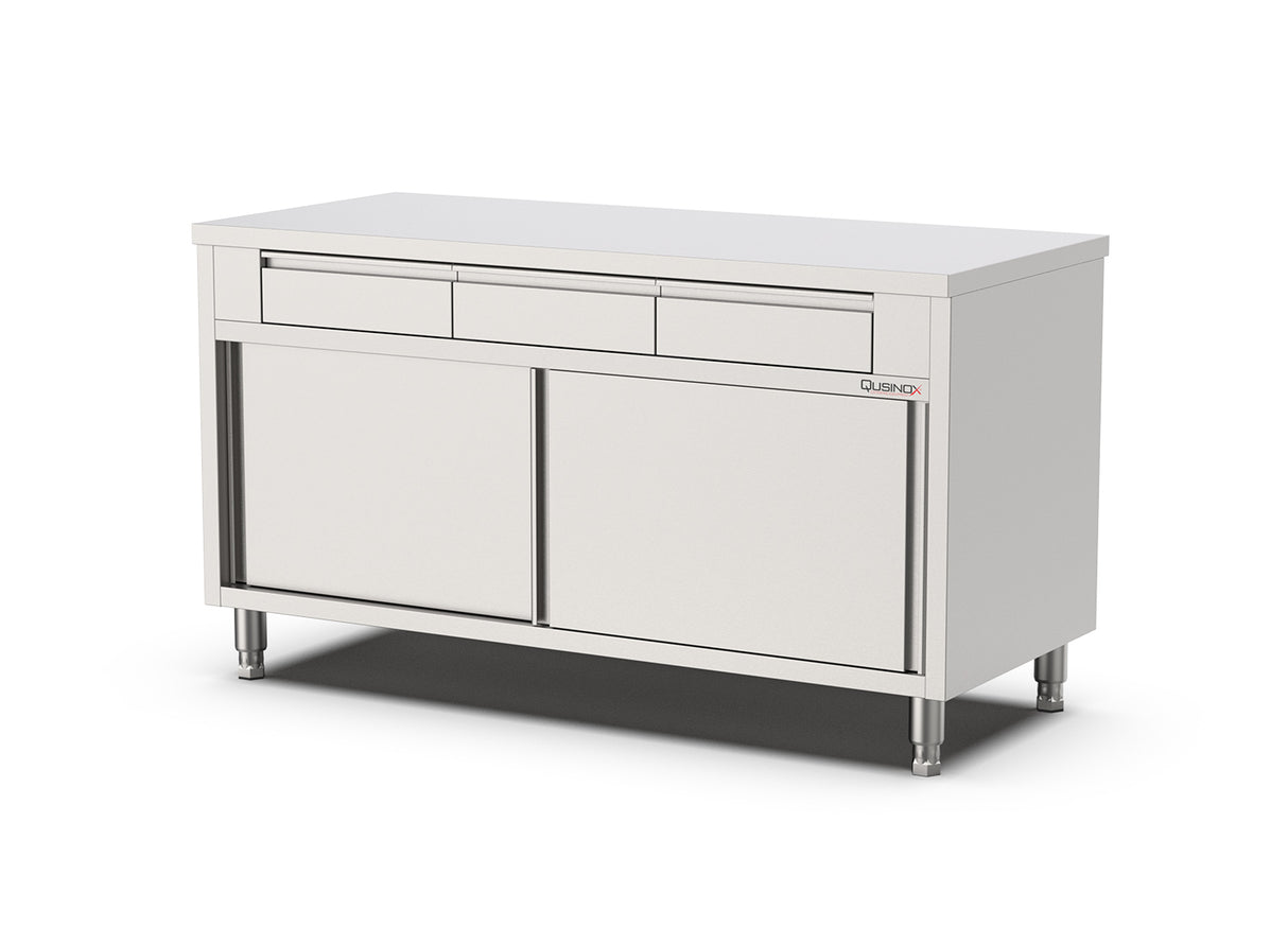 RVS Horeca Werkbank Schuifdeuren met 2 Laden boven | 1200x700x900(h)mm