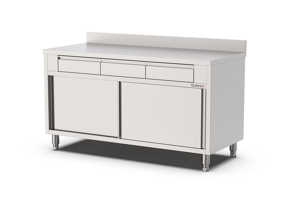 RVS Horeca Werkbank Schuifdeuren met 3 Laden boven | Opstaande rand | 1600x700x900(h)mm