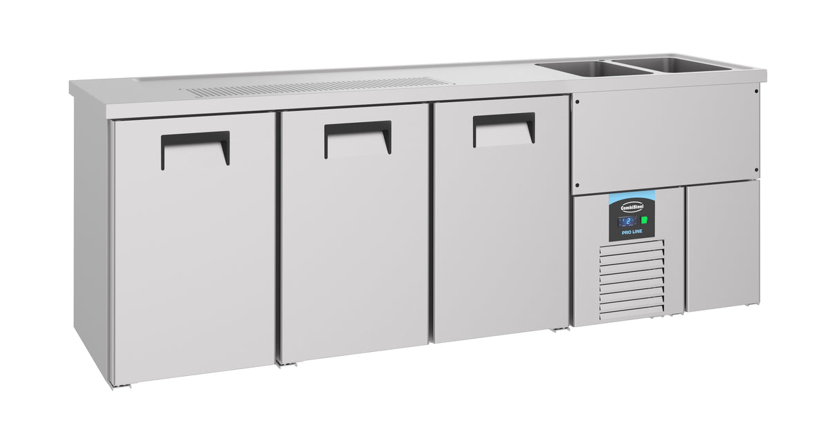 Vatenkoeler | PRO LINE | 3 Deuren | -2°C/+8°C | Geforceerd | 2 Spoelbakken (Rechts) | 2500x700x950(h)mm