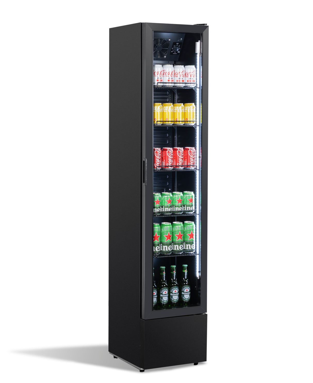Glasdeur koelkast NAP-150 | 150L | Zwart | +2/+10 ºC | Geforceerd | Wielen | 390x470x1880(h)mm