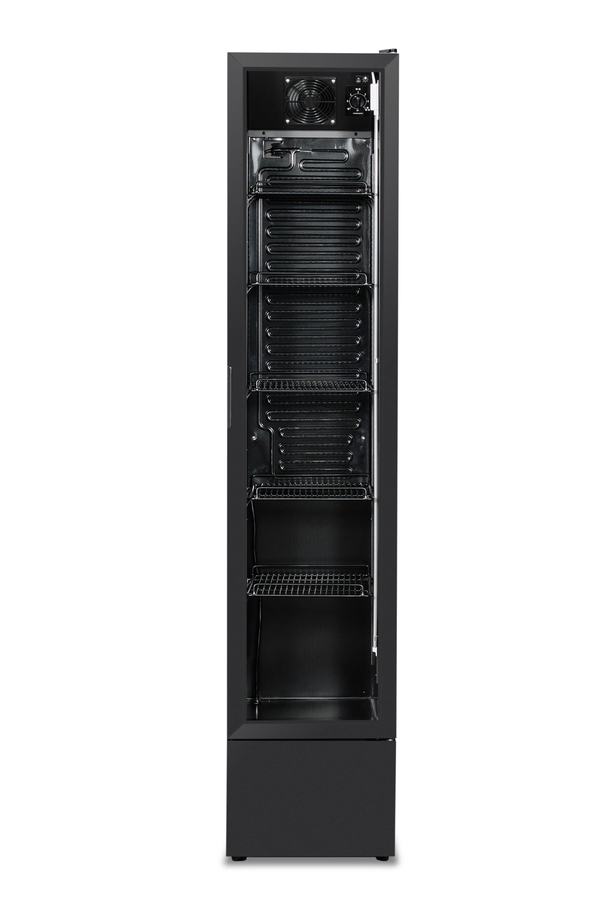 Glasdeur koelkast NAP-150 | 150L | Zwart | +2/+10 ºC | Geforceerd | Wielen | 390x470x1880(h)mm