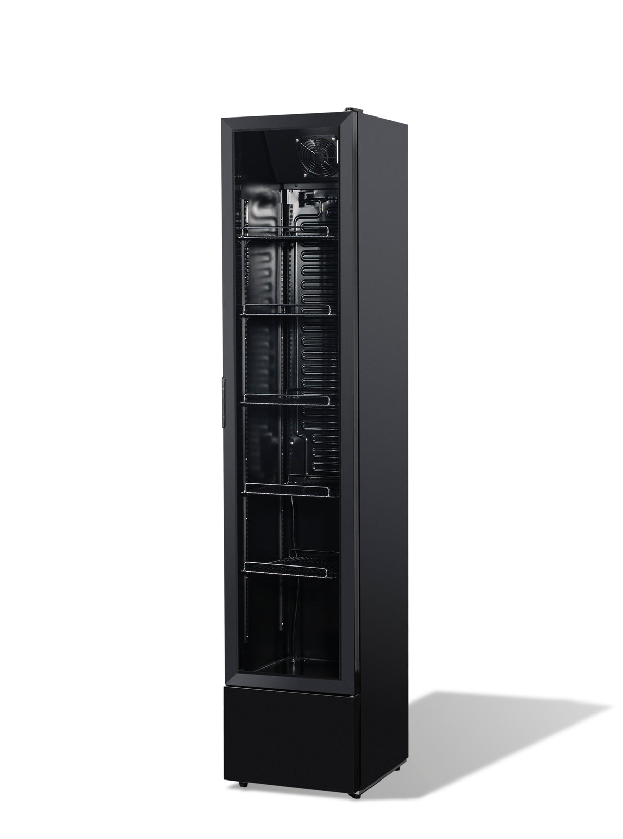 Glasdeur koelkast NAP-150 | 150L | Zwart | +2/+10 ºC | Geforceerd | Wielen | 390x470x1880(h)mm