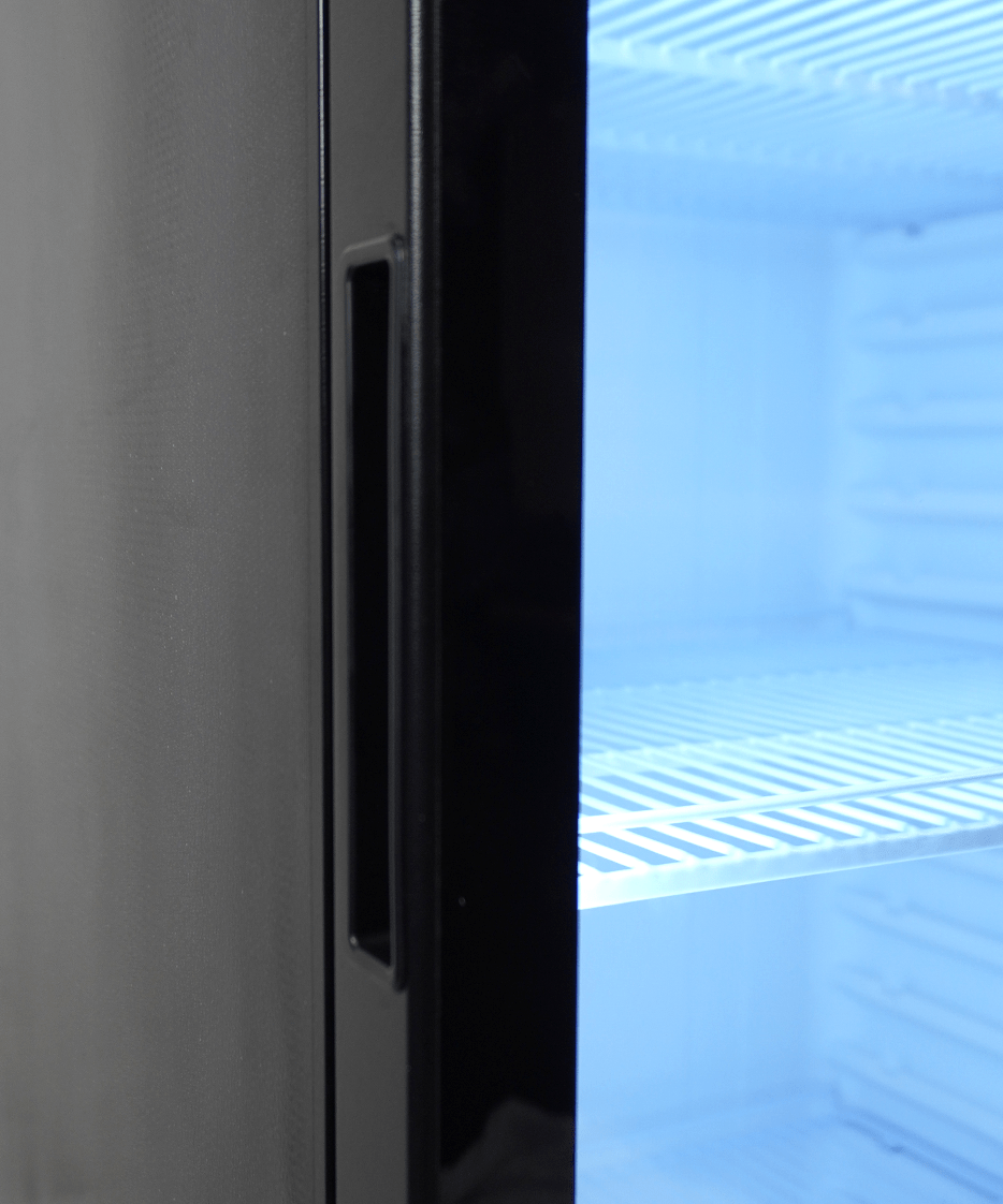 Glasdeur koelkast | 388L | Zwart | +1°C/+9°C | Geforceerd | Wielen | 595x585x1864(h)mm