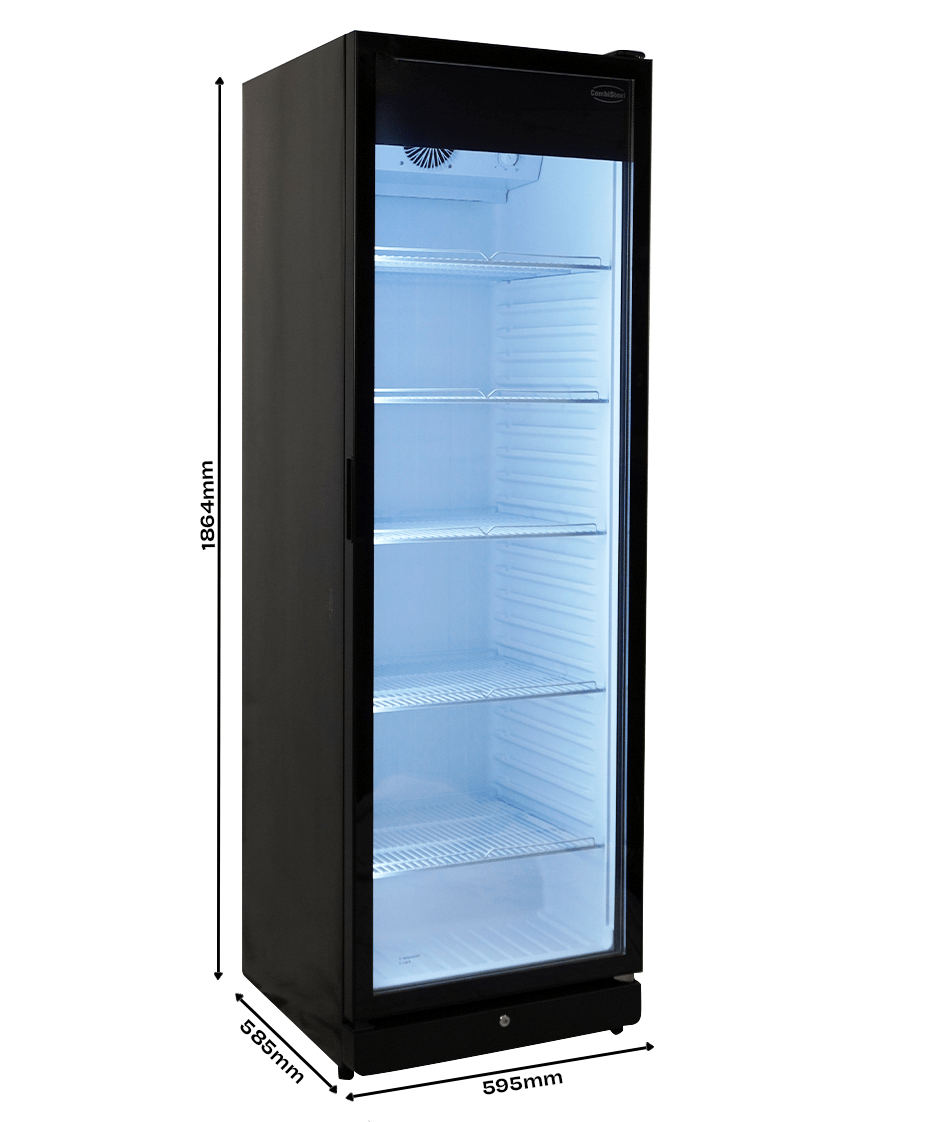 Glasdeur koelkast | 388L | Zwart | +1°C/+9°C | Geforceerd | Wielen | 595x585x1864(h)mm