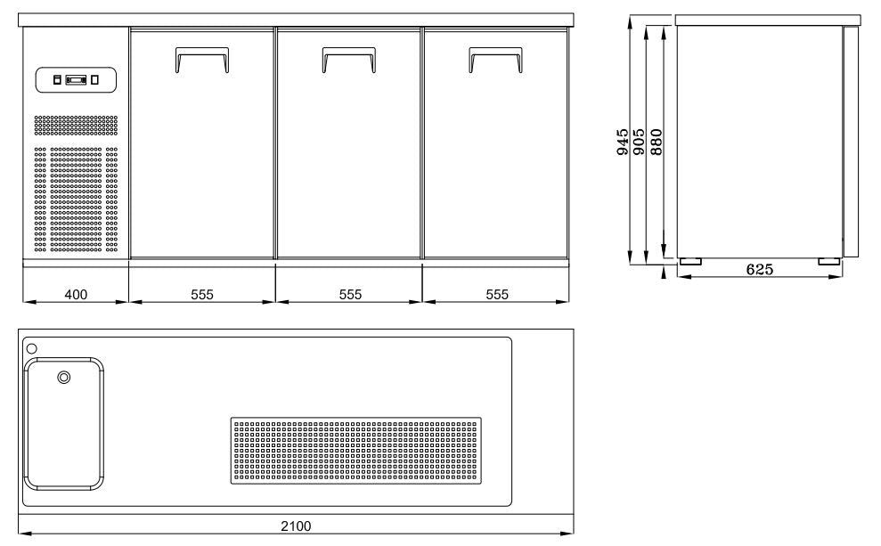 Vatenkoeler | PRO LINE | 3 Deuren | -2°C/+8°C | Geforceerd | Spoelbak (Links) | 2100x700x950(h)mm