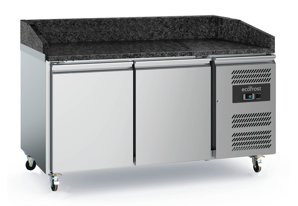 RVS Pizzawerkbank 390 Liter | +2°C en +8°C | 2 Deuren | Zwart Graniet | Met Wielen | 1515x800x1000(h)mm