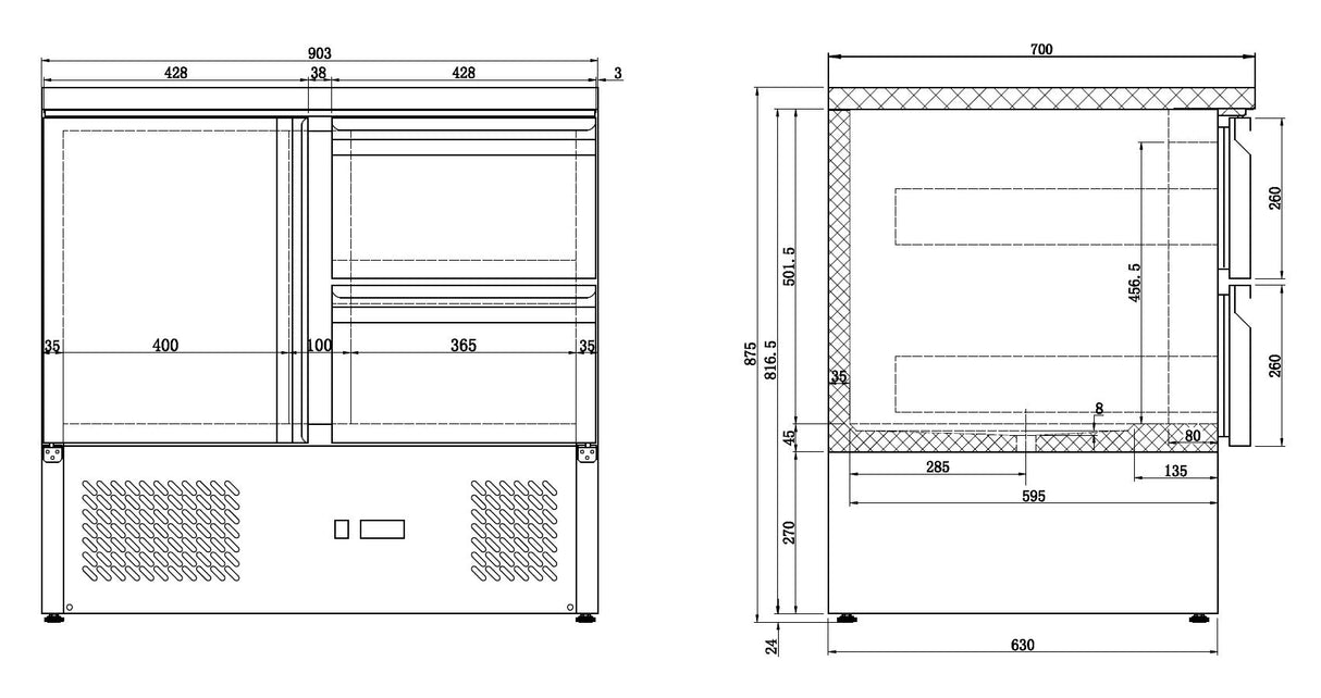 Koelwerkbank | 257L | 1 Deur met 2 Laden | +2°C/+8°C | Statisch met ventilator | 900x700x875(h)mm